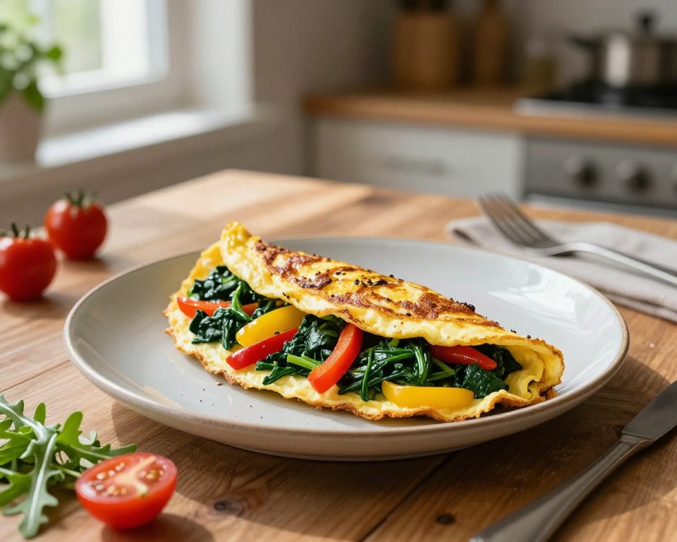 A beautifully prepared spinach and bell pepper omelet, freshly cooked and placed on a rustic wooden table. The omelet is folded elegantly, showcasing the vibrant green spinach mixed with bright red and yellow bell peppers, glistening with a slight sheen from cooking. In the foreground, a small side salad with cherry tomatoes and arugula complements the dish. The middle ground features a delicate ceramic plate, emphasizing the omelet's colors. Soft, natural light streams in from a nearby window, casting gentle shadows and highlighting the ingredients' freshness. Out of focus in the background, a cozy kitchen ambiance with herbs and utensils creates a warm atmosphere, inviting viewers to enjoy this simple yet delicious breakfast option.