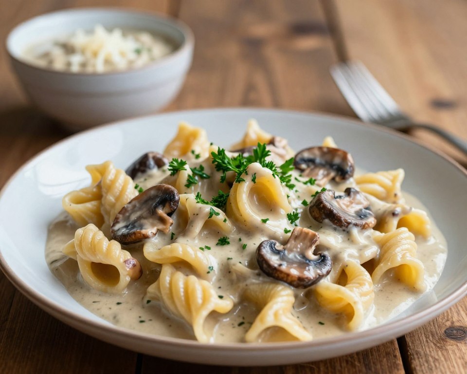 A beautifully presented plate of makaron (pasta) featuring a rich, creamy mushroom sauce in the foreground, garnished with freshly chopped parsley. The pasta is uniquely shaped, showcasing a variety of textures and colors, with some pieces elegantly twirled while others rest in a generous pool of sauce. In the background, softly blurred, there's a rustic wooden table setting with a light ceramic bowl holding additional sauce and a sprinkle of grated cheese. The lighting is warm and inviting, casting soft shadows and highlighting the glossy finish of the sauce. The overall atmosphere exudes a cozy, home-cooked meal vibe, creating a sense of comfort and appetizing allure.