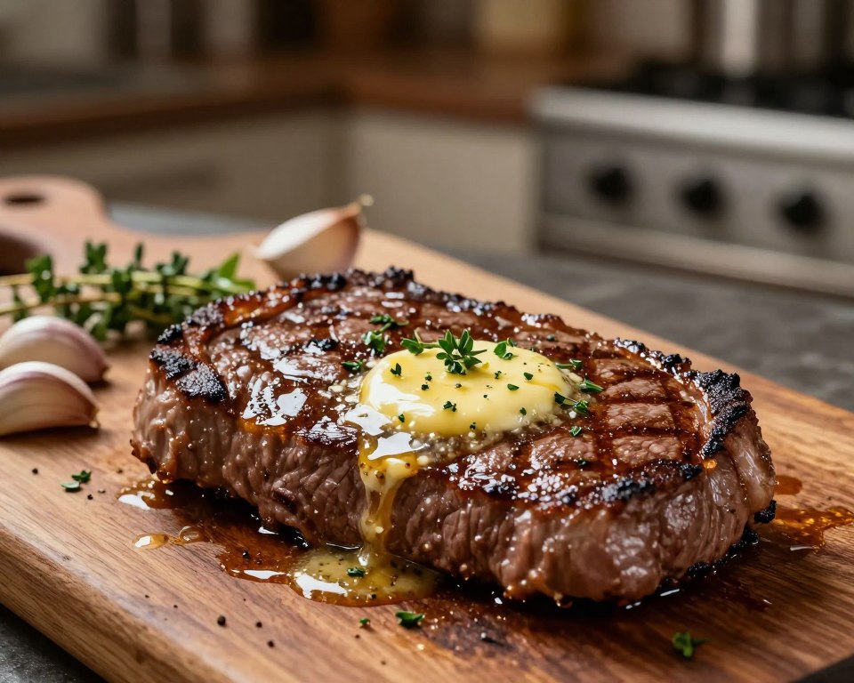 A beautifully served steak topped with garlic butter, glistening with delicious golden tones, prominently displayed in the foreground. The steak, grilled to perfection, showcases a mouthwatering sear and juicy texture. The garlic butter, melted and lightly bubbling, is generously spooned over the steak, speckled with fresh herbs like parsley and thyme. In the middle ground, a rustic wooden cutting board holds the steak alongside scattered garlic cloves and fresh herbs, enhancing the culinary theme. The background features a dimly lit kitchen atmosphere with soft, warm lighting creating an inviting mood. The scene is captured at a slight angle, emphasizing the savory allure of the dish, inviting viewers to indulge in the flavors of gourmet cooking.