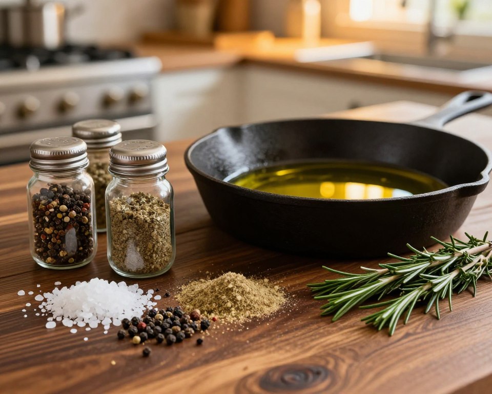 A beautifully set wooden table featuring an array of gourmet steak seasonings, including coarse sea salt, cracked black pepper, garlic powder, and fresh herbs like rosemary and thyme. In the foreground, vivid colors of the spices contrast with the rich, dark wood, creating an inviting ambiance. In the middle, a cast iron skillet glistening with olive oil reflects the sunlight, hinting at the preparation of a perfect steak. In the background, a softly blurred kitchen with warm, golden lighting enhances the cozy, home-cooked feel. The atmosphere is warm and inviting, evoking a sense of culinary delight and the secrets of perfect seasoning. Capture this image with a 50mm lens for a shallow depth of field, emphasizing the textures of the spices and skillet.