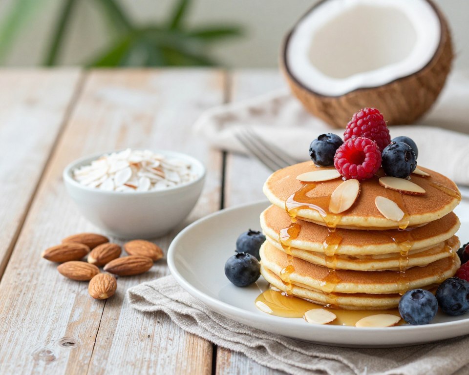 A beautifully styled flat lay of coconut flour pancakes garnished with almond slices and topped with fresh berries. In the foreground, the golden-brown pancakes are stacked high, with glistening syrup drizzled artistically around them. Next to the pancakes, a small bowl of coconut flakes and a handful of whole almonds are artfully arranged. The middle ground features a rustic wooden table with a light cloth underneath, enhancing the warm, inviting atmosphere. In the background, softly blurred greenery adds a touch of freshness and natural light streams in, creating a bright and airy feel. The image captures a cozy yet sophisticated breakfast scene, emphasizing healthy, low-carb ingredients. Use soft, natural lighting to bring out the textures and colors of the ingredients.