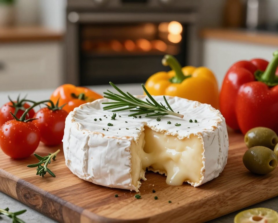 A beautifully styled round of Camembert cheese infused with fresh herbs, such as rosemary and thyme, sits on a rustic wooden cutting board. In the foreground, melted edges of the cheese ooze onto the board, creating an inviting and warm appearance. Surrounding the cheese, colorful seasonal vegetables like cherry tomatoes, bell peppers, and sliced olives add vibrant contrast. In the middle background, a softly lit kitchen setting features an oven in the distance, hinting at the warmth of freshly baked dishes. The lighting is warm and natural, casting soft shadows that enhance the textures of the cheese and ingredients. The overall mood is cozy and inviting, perfect for a gathering around comfort food. No text or watermarks are present.