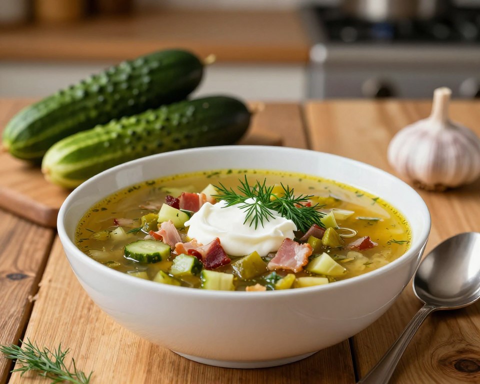 A bowl of traditional Polish cucumber soup (zupa ogórkowa) made from a rich, golden broth filled with tender pieces of bacon and finely chopped pickled cucumbers. The dish is garnished with fresh dill and a dollop of sour cream, beautifully contrasting the vibrant green cucumbers against the warm, inviting color of the broth. In the foreground, the bowl sits elegantly on a rustic wooden table, with a polished spoon resting beside it. In the middle ground, a few fresh ingredients like cucumbers and garlic are artfully arranged, while the background features a softly blurred kitchen setting, with warm, inviting lighting casting a cozy atmosphere. The image captures the essence of comfort food, evoking a sense of home and nostalgia.