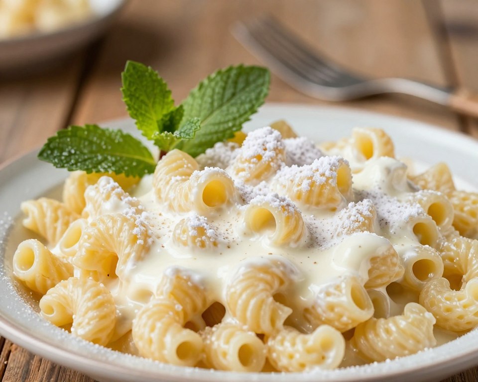 A close-up image of delicious creamy macaroni with sweetened cream, showcasing intricate details of the pasta's texture. In the foreground, a generous serving of macaroni is elegantly plated, glistening with fresh cream and sprinkled with a dusting of powdered sugar. Fresh mint leaves are artfully arranged alongside for a touch of color. In the middle background, soft focus reveals a rustic wooden table setting with a hint of vintage cutlery. The lighting is warm and inviting, casting gentle highlights on the cream, creating a cozy atmosphere. Capture the scene from a slightly elevated angle to emphasize the creamy consistency and tempting appeal of the dish, evoking feelings of comfort and indulgence.