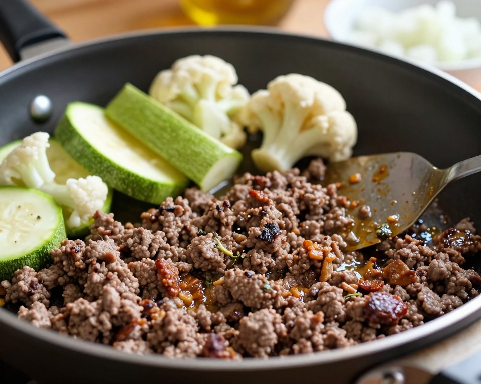 A close-up scene depicting the technique of frying ground meat, showcasing a non-stick skillet filled with sizzling, browned ground meat. The foreground features the meat, glistening with oil and seasoned with herbs, while small spatula rests beside it. In the middle ground, fresh zucchini and cauliflower florets are prepped and waiting to be added, with chopped onions in the corner. The background is softly blurred, hinting at a cozy kitchen setting with warm lighting, evoking a homely atmosphere. The image is shot at a slightly elevated angle to emphasize the textures and colors of the meat and vegetables, with a focus on the sizzling action, capturing the essence of preparing ground meat for a delicious keto casserole.