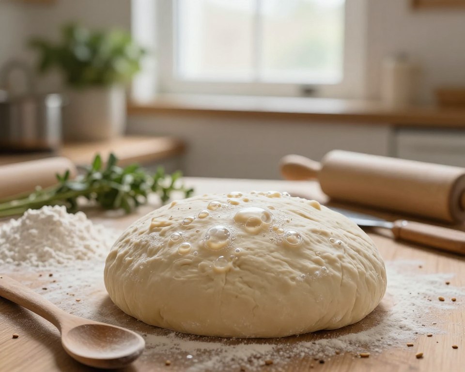 A close-up scene that captures the essence of bread fermentation. In the foreground, a wooden table holds a large, round bowl of dough, with bubbles forming on its surface, highlighting its active fermentation process. Scattered around are ingredients like flour and seeds, with a rustic wooden spoon. In the middle ground, a softly lit kitchen with warm, natural light filtering through a window creates an inviting atmosphere. A bouquet of herbs is visible on a nearby shelf, enhancing the homey feel. In the background, artisan baking tools such as a rolling pin and dough scrapers add depth to the scene. The overall mood is cozy and nurturing, embodying the art of bread-making. The composition uses soft focus for a dreamy effect, emphasizing the dough's texture.