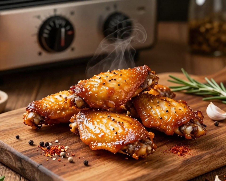 A close-up shot of perfectly baked chicken wings on a rustic wooden table. The wings are golden brown, crispy, and glistening with a savory glaze, surrounded by an array of spices and herbs, including garlic and paprika, to emphasize their flavor. In the background, an oven with a visible temperature dial reading 200°C (392°F) gives context to the cooking process. The lighting is warm and inviting, casting a soft glow on the wings, creating an appetizing atmosphere. A shallow depth of field blurs the edges, focusing on the wings, while subtle steam rises, hinting at their delicious aroma. The overall mood is cozy and homely, perfect for a culinary setting. A close-up shot of perfectly baked chicken wings on a rustic wooden table. The wings are golden brown, crispy, and glistening with a savory glaze, surrounded by an array of spices and herbs, including garlic and paprika, to emphasize their flavor. In the background, an oven with a visible temperature dial reading 200°C (392°F) gives context to the cooking process. The lighting is warm and inviting, casting a soft glow on the wings, creating an appetizing atmosphere. A shallow depth of field blurs the edges, focusing on the wings, while subtle steam rises, hinting at their delicious aroma. The overall mood is cozy and homely, perfect for a culinary setting.
