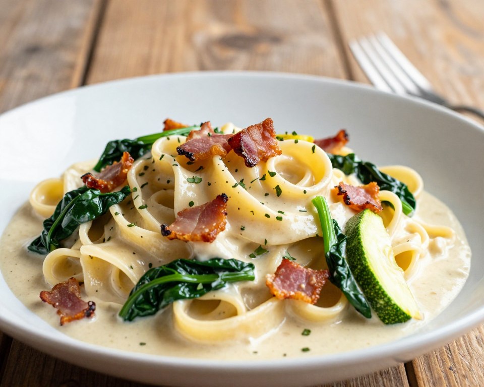 A close-up view of a creamy pasta dish featuring fettuccine coated in a smooth, velvety sauce. The pasta is garnished with crispy, golden-brown bacon pieces and a vibrant mix of sautéed vegetables, including bright green spinach and sliced zucchini. The foreground showcases the pasta in an elegant white bowl, with a sprinkle of fresh herbs for a pop of color. In the middle background, a rustic wooden table adds warmth to the scene, and a soft, natural light illuminates the dish, creating appealing highlights and shadows. The overall atmosphere is inviting and appetizing, perfect for showcasing the essential ingredients in a creamy pasta recipe.