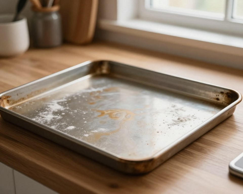 A close-up view of a shiny, well-used baking tray sitting on a wooden countertop, reflecting the soft, warm light of a nearby oven. The tray, with slightly curved edges and a smooth surface, is dusted with a light sprinkle of flour, suggesting it has been recently used for baking delicious treats. In the background, softly blurred kitchen utensils and a window letting in natural light give the scene a cozy, inviting atmosphere. The image captures a sense of warmth and home cooking, emphasizing the importance of choosing the right baking tray for perfect results. The angle should be slightly overhead, focusing on the tray's detail while still showcasing the kitchen environment. A close-up view of a shiny, well-used baking tray sitting on a wooden countertop, reflecting the soft, warm light of a nearby oven. The tray, with slightly curved edges and a smooth surface, is dusted with a light sprinkle of flour, suggesting it has been recently used for baking delicious treats. In the background, softly blurred kitchen utensils and a window letting in natural light give the scene a cozy, inviting atmosphere. The image captures a sense of warmth and home cooking, emphasizing the importance of choosing the right baking tray for perfect results. The angle should be slightly overhead, focusing on the tray's detail while still showcasing the kitchen environment.