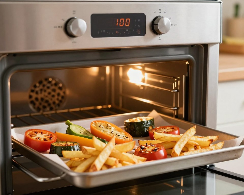 A close-up view of an oven displaying a digital thermometer showing optimal cooking temperatures, with fresh vegetables and French fries arranged artfully on a baking tray in the foreground. The middle ground features the oven door slightly ajar, allowing warm, golden light to escape and illuminate the vibrant colors of the food. In the background, a blurred kitchen setting adds depth, with soft, warm lighting creating a cozy atmosphere. The focus is on creating a sense of warmth and comfort, highlighting the deliciousness of roasted vegetables and fries. The image captures the essence of home cooking in a well-lit, inviting kitchen environment.