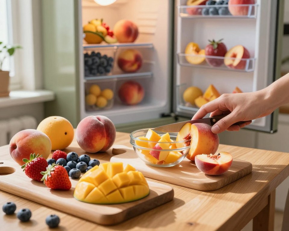 A cozy kitchen scene featuring a wooden table covered with assorted fresh fruits prepared for freezing. In the foreground, a variety of colorful fruits such as strawberries, blueberries, and mangoes are arranged attractively on a chopping board. In the middle, a hand holding a knife, gently slicing through a ripe peach, while a glass bowl beside it collects the chopped fruit. In the background, a vintage refrigerator with its door slightly open reveals neatly organized containers of frozen fruits. Soft, natural light streams in through a window, creating a warm and inviting atmosphere, casting gentle shadows that highlight the freshness of the fruit. The overall mood is wholesome and inviting, emphasizing the beauty of food preservation.