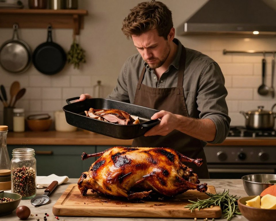 A cozy kitchen scene focused on the challenges of roasting meats. In the foreground, a slightly burnt roast duck sits on a wooden cutting board, surrounded by an array of cooking tools and ingredients, including a thermometer and herbs. In the middle ground, a frustrated cook in modest casual clothing analyzes the roasting pan, frowning at the unevenly cooked meat. On the countertop, there's a spilled jar of spices, emphasizing the chaos of the moment. The background features warm, ambient lighting that casts a soft glow, highlighting the rustic kitchen atmosphere filled with hanging pots and herbs. The mood conveys a blend of determination and slight frustration, reflecting the trials faced during the art of roasting meats.