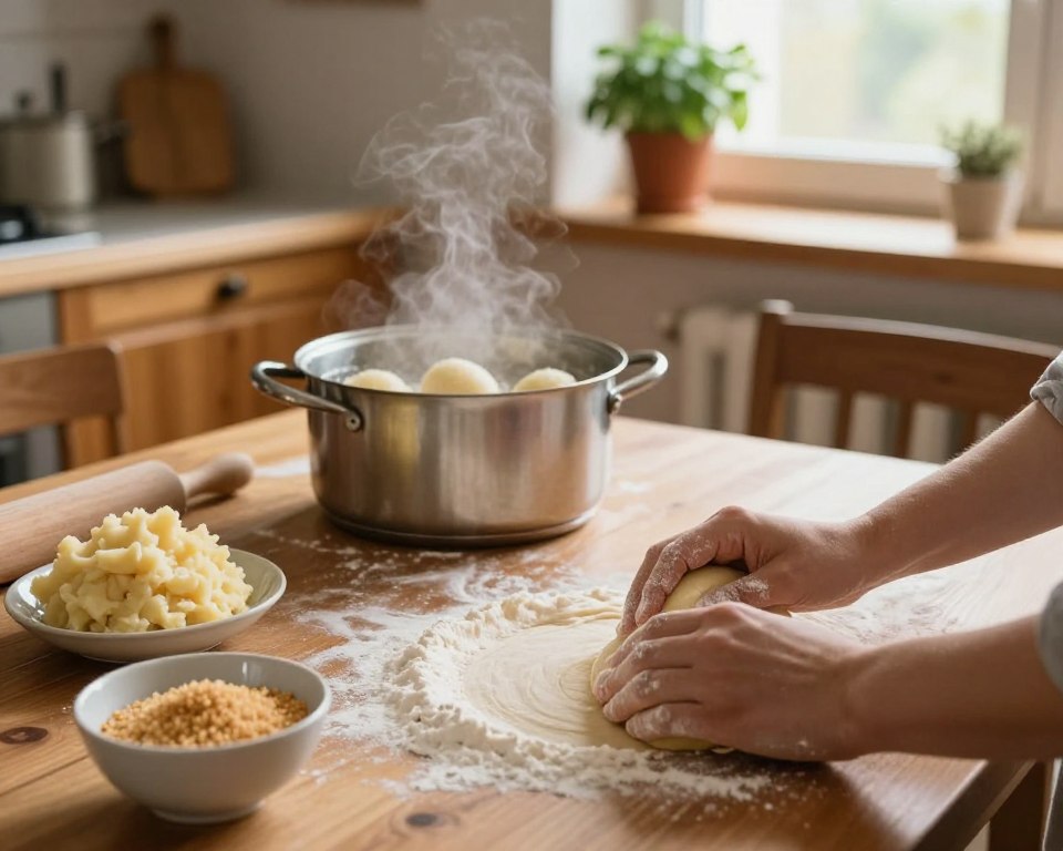 A cozy kitchen scene focused on the process of making Kopytka, traditional Polish potato dumplings. In the foreground, a wooden dining table adorned with flour, mashed potatoes, and a rolling pin. A pair of hands skillfully knead the dough, showcasing the texture and consistency. In the middle, a pot of boiling water ready for cooking the dumplings, alongside a small bowl of seasoned breadcrumbs for garnish. The background features warm wooden cabinets and herb pots on the windowsill, letting in soft, natural light that enhances the inviting atmosphere. Use a soft focus lens to create a warm, homely vibe, capturing the essence of a family kitchen in harmony.