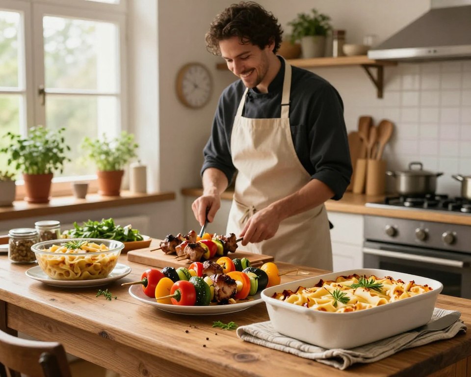 A cozy kitchen scene with delicious, vibrant skewers (szaszłyki) and baked pasta dishes (zapiekanki makaronowe) artfully arranged on a rustic wooden table, foreground, showcasing a variety of colorful vegetables and perfectly cooked meats. In the middle, a chef in a neat apron, smiling and busy preparing food, embodying the joy of cooking and time-saving meals. Soft, warm lighting spills in from a window, illuminating the kitchen’s inviting atmosphere, with herbs in pots on the windowsill, amplifying the homely vibe. In the background, neatly organized kitchen utensils and a clock subtly indicating time-efficiency, enhancing the notion of saving time while cooking. The overall mood is cheerful and welcoming, inviting readers to appreciate the ease and joy of preparing these one-pot meals. A cozy kitchen scene with delicious, vibrant skewers (szaszłyki) and baked pasta dishes (zapiekanki makaronowe) artfully arranged on a rustic wooden table, foreground, showcasing a variety of colorful vegetables and perfectly cooked meats. In the middle, a chef in a neat apron, smiling and busy preparing food, embodying the joy of cooking and time-saving meals. Soft, warm lighting spills in from a window, illuminating the kitchen’s inviting atmosphere, with herbs in pots on the windowsill, amplifying the homely vibe. In the background, neatly organized kitchen utensils and a clock subtly indicating time-efficiency, enhancing the notion of saving time while cooking. The overall mood is cheerful and welcoming, inviting readers to appreciate the ease and joy of preparing these one-pot meals.