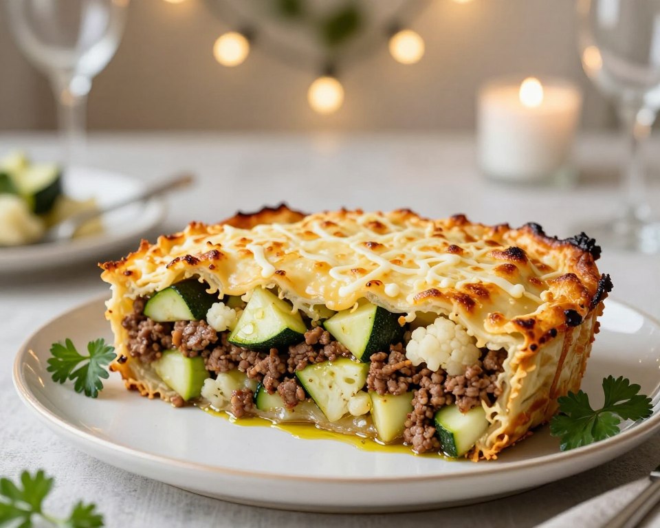 A delicious keto zapiekanka featuring ground meat, zucchini, and cauliflower, beautifully presented as a centerpiece for a party. In the foreground, the zapiekanka is golden-brown with a crispy cheese topping, surrounded by fresh herbs. The middle layer showcases a tantalizing blend of diced zucchini and cauliflower, with visible layers of seasoned ground meat, glistening with a hint of olive oil. The background is a cozy, well-lit dining setting with soft string lights illuminating the scene, creating a warm and inviting atmosphere. Use a shallow depth of field to emphasize the zapiekanka while softly blurring the background. The composition should evoke a festive, celebratory mood, suggesting it's perfect for gatherings and entertaining guests.