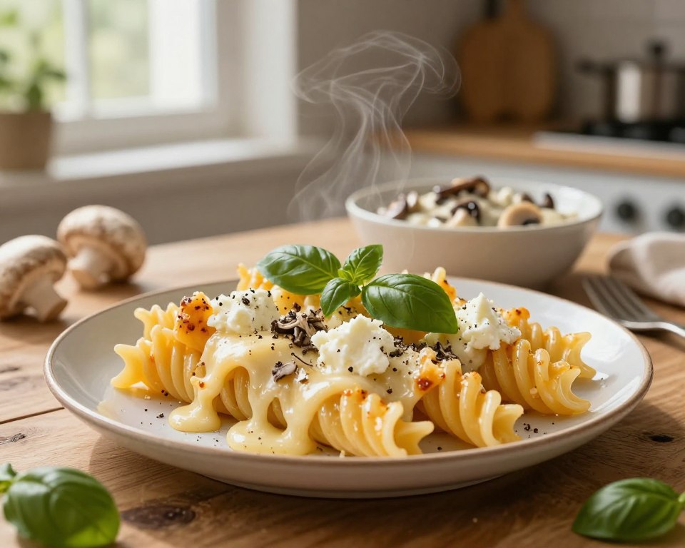 A delicious plate of four-cheese pasta (makaron 4 sery) beautifully arranged in the foreground, featuring rich, melted cheeses like mozzarella, gorgonzola, parmesan, and ricotta glistening in warm golden hues. The pasta is twirled elegantly on a rustic wooden table, garnished with fresh basil leaves and a light sprinkle of cracked black pepper. In the middle ground, a creamy mushroom sauce in a small bowl complements the dish, with steam rising gently. Soft, natural lighting filters through a nearby window, casting a warm glow across the scene, evoking a cozy kitchen atmosphere. In the background, hints of fresh mushrooms, herbs, and kitchen utensils create an inviting culinary environment, focusing on the comforting essence of a quick meal preparation.