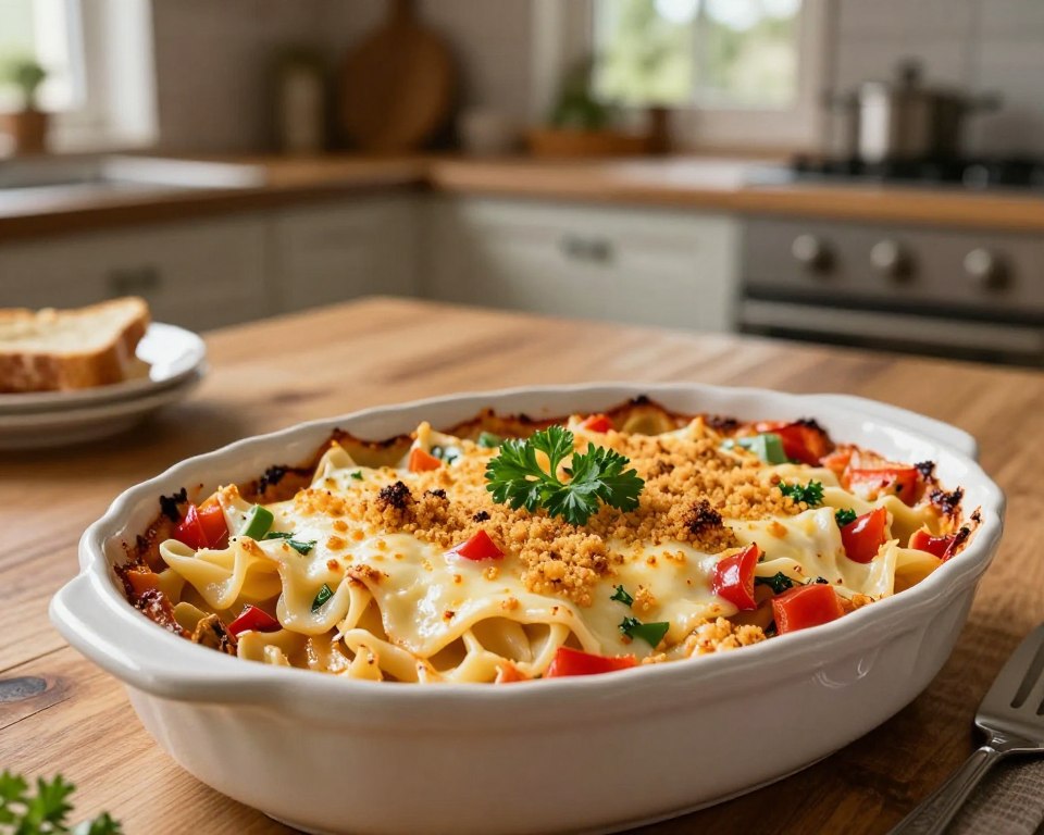 A delicious serving of zapiekanka makaronowa, a traditional Polish pasta bake, presented in an elegant ceramic dish. The foreground features the pasta, beautifully layered with melted cheese, diced bell peppers, and golden-brown breadcrumbs on top, garnished with fresh parsley. The middle ground has a softly lit kitchen table, with rustic wooden texture and a few cooking utensils scattered. In the background, a cozy kitchen ambiance with warm, natural lighting filtering through a window, creating an inviting atmosphere. The camera angle is slightly elevated to capture the dish from above, emphasizing the colorful ingredients and the mouthwatering texture. The scene evokes warmth and homeliness, perfect for a comforting meal. A delicious serving of zapiekanka makaronowa, a traditional Polish pasta bake, presented in an elegant ceramic dish. The foreground features the pasta, beautifully layered with melted cheese, diced bell peppers, and golden-brown breadcrumbs on top, garnished with fresh parsley. The middle ground has a softly lit kitchen table, with rustic wooden texture and a few cooking utensils scattered. In the background, a cozy kitchen ambiance with warm, natural lighting filtering through a window, creating an inviting atmosphere. The camera angle is slightly elevated to capture the dish from above, emphasizing the colorful ingredients and the mouthwatering texture. The scene evokes warmth and homeliness, perfect for a comforting meal.