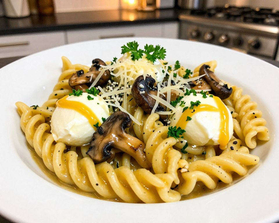 A delicious, vibrant vegetarian pasta dish featuring four types of cheese: creamy mozzarella, tangy gorgonzola, rich cheddar, and nutty parmesan. The foreground showcases a generous serving of the pasta, elegantly twisted on a white plate with a drizzle of golden mushroom sauce. Lush green parsley garnishes the dish, adding freshness. In the middle, there are sautéed mushrooms and delicate strands of melted cheese stretching from the pasta. The background includes a softly blurred kitchen setting with warm, inviting lighting, suggesting a cozy home-cooked meal. The mood is warm and inviting, evoking comfort and culinary delight. The image is taken from a top-down perspective to highlight the textures and colors of the ingredients, with a shallow depth of field enhancing the focus on the pasta dish.