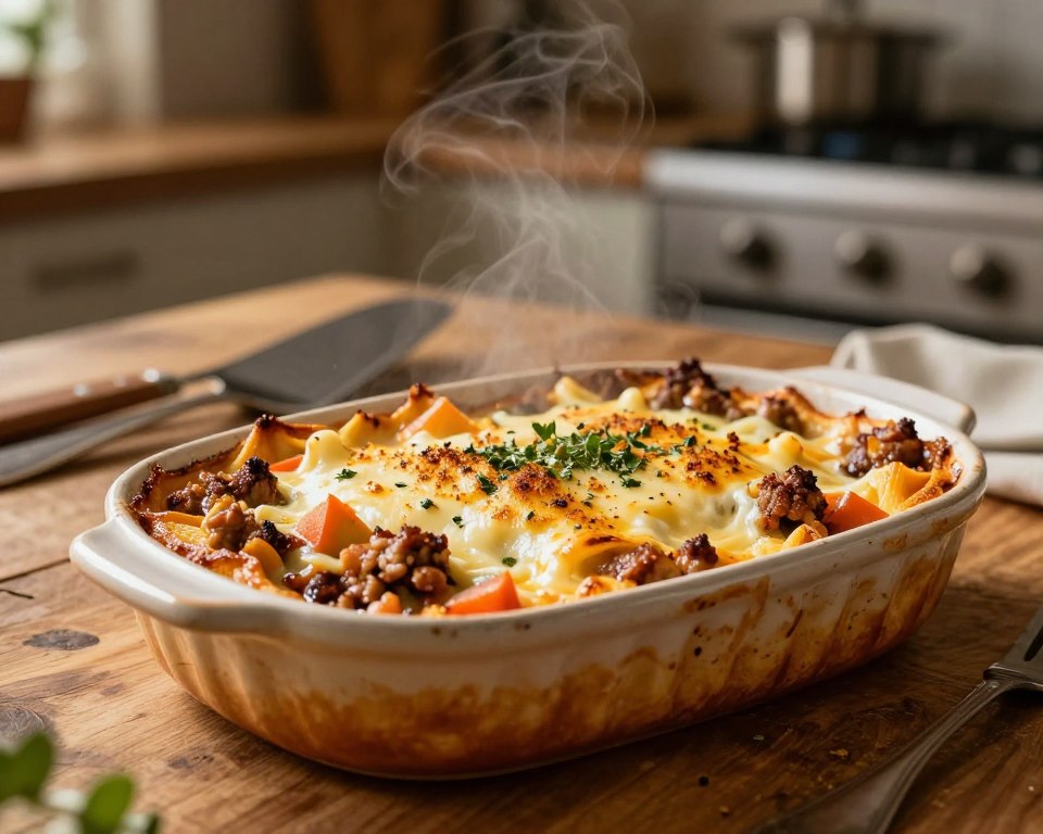 A delicious zapiekanka makaronowa presented on a rustic wooden table. The foreground features a golden-brown baked pasta dish topped with melted cheese, diced vegetables, and bits of savory meat, all bubbling invitingly. You can see the crunchy topping sprinkled with herbs, giving it a fresh look. In the middle, a few serving utensils, like a spatula and a fork, are placed beside the zapiekanka, hinting at its homemade appeal. The background includes a softly blurred kitchen setting with warm, ambient lighting that creates a cozy atmosphere. The overall scene conveys warmth and comfort, making the dish look irresistible. The angle is slightly elevated, capturing the steam rising from the dish, accentuating its freshly baked allure. A delicious zapiekanka makaronowa presented on a rustic wooden table. The foreground features a golden-brown baked pasta dish topped with melted cheese, diced vegetables, and bits of savory meat, all bubbling invitingly. You can see the crunchy topping sprinkled with herbs, giving it a fresh look. In the middle, a few serving utensils, like a spatula and a fork, are placed beside the zapiekanka, hinting at its homemade appeal. The background includes a softly blurred kitchen setting with warm, ambient lighting that creates a cozy atmosphere. The overall scene conveys warmth and comfort, making the dish look irresistible. The angle is slightly elevated, capturing the steam rising from the dish, accentuating its freshly baked allure.