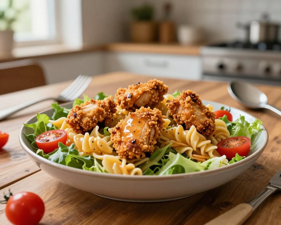 A fresh and vibrant salad featuring golden, crispy fried chicken pieces nestled atop a bed of colorful pasta, sprinkled with cherry tomatoes and crisp greens. The salad is arranged artistically in a large, shallow bowl, placed on a rustic wooden table. In the foreground, focus on the textures of the chicken and pasta, gleaming with a light drizzle of dressing. In the middle ground, include utensils such as a fork and a serving spoon, hinting at an inviting dining experience. In the background, softly blurred, place elements of a cozy kitchen ambiance, like a window letting in natural sunlight, creating a warm, inviting atmosphere. The overall mood should exude a sense of freshness and comfort, ideal for a quick lunch.