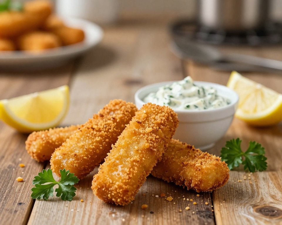 A golden-brown plate of fish sticks with a perfectly crispy coating, showcasing their crunchy texture and appealing sheen. The foreground features the fish sticks arranged artfully on a rustic wooden table, with crumbs and a few sprigs of fresh parsley for added color. In the middle, a small, elegant bowl of tangy tartar sauce sits invitingly beside the fish sticks, with a few lemon wedges scattered nearby. The background is softly blurred, hinting at a cozy kitchen with warm overhead lighting, creating a homely and inviting atmosphere. The scene captures the essence of a delicious meal preparation, focusing on the enticing crunch of the perfect coating. A shallow depth of field lends intimacy to the shot, highlighting the textures and colors without distraction.