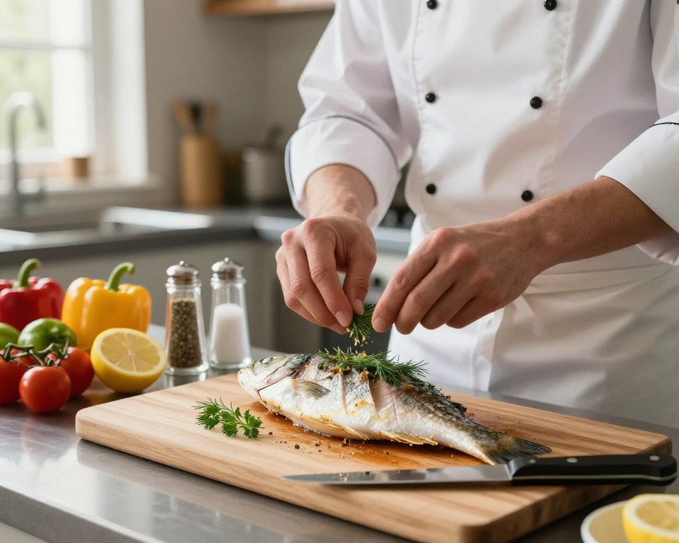 A kitchen scene showcasing the preparation of fish for baking. In the foreground, a clean wooden cutting board holds a beautifully filleted fish, garnished with fresh herbs like dill and parsley. A sharp knife rests beside it, glistening in natural light. In the middle ground, a chef in a white apron and professional attire is focused on seasoning the fish, with salt and pepper shakers nearby. A bowl of sliced lemons and a vibrant array of vegetables, such as bell peppers and cherry tomatoes, adds a pop of color. The background features a warm, inviting kitchen with soft, ambient light filtering through a window, creating an atmosphere of culinary warmth and passion for cooking. The image captures the essence of preparing fish for a delicious meal, highlighting freshness and care in presentation.