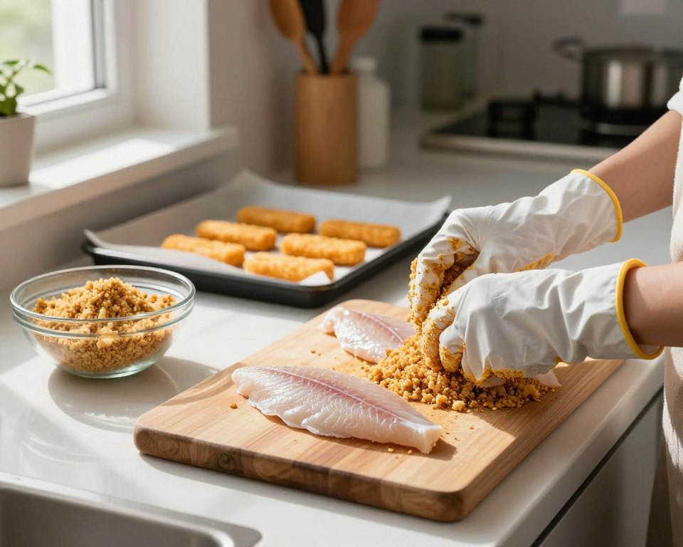 A modern kitchen scene featuring the preparation of fish sticks. In the foreground, a wooden cutting board holds raw fish fillets, with a bowl of seasoned breading mix nearby. A pair of hands in fresh kitchen gloves is seen mixing the breading, ensuring even coverage. In the middle ground, there is a baking sheet lined with parchment paper, ready for the coated fish sticks. Soft, diffused light streams in from a nearby window, casting gentle shadows on the countertop. The background showcases kitchen utensils and a hint of an oven in the distance, creating a warm and inviting atmosphere. Capture the essence of a bustling kitchen preparation, emphasizing freshness and care in the cooking process.