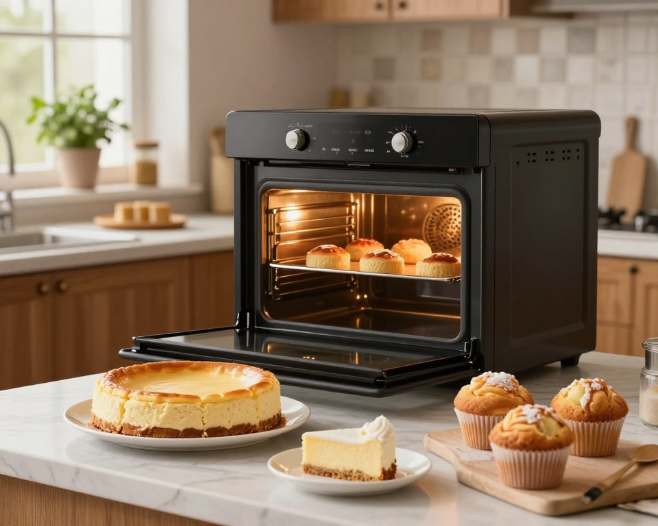 A modern kitchen scene showcasing an oven with a fan, symbolizing the convection baking method ("pieczenie z termoobiegiem"). In the foreground, a beautifully arranged selection of cakes, including a creamy cheesecake, delicate Karpatka, and fluffy muffins, artfully displayed on a marble countertop. The middle ground features the oven door slightly open, revealing the cakes baking inside, with warm golden light emanating from the oven. The background captures a cozy kitchen atmosphere with wooden cabinets, patterned backsplash, and potted herbs on the windowsill. Soft, diffused natural lighting creates an inviting mood, emphasizing the warmth of the baking process. The image should radiate warmth, comfort, and the joy of baking.