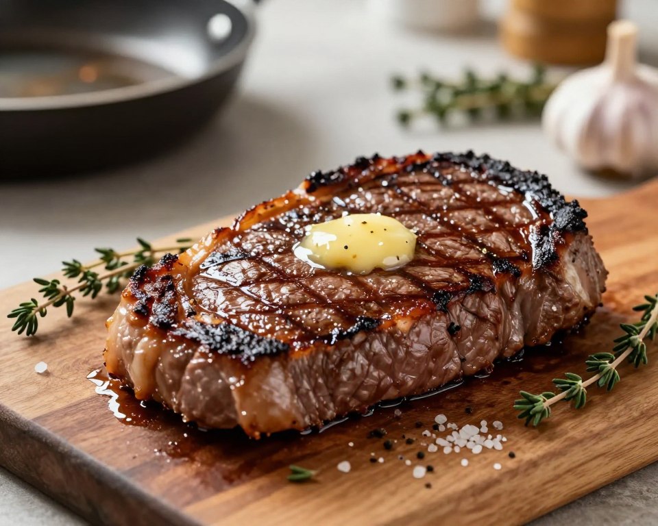 A perfectly seared beef steak displaying vibrant browning, glistening with a light sheen of garlic butter. The steak is set on a rustic wooden cutting board, with herbs and a sprinkle of coarse salt artfully arranged around it. In the foreground, the focus is on the steak's crispy, rich crust, highlighting its juicy texture. The middle ground captures soft, diffused kitchen lighting, enhancing the glossy finish of the butter. The background features softly blurred kitchen elements, such as a hint of a frying pan and fresh ingredients like garlic and thyme, creating a warm, inviting atmosphere. The overall mood is appetizing and homely, evoking the comfort of cooking at home.