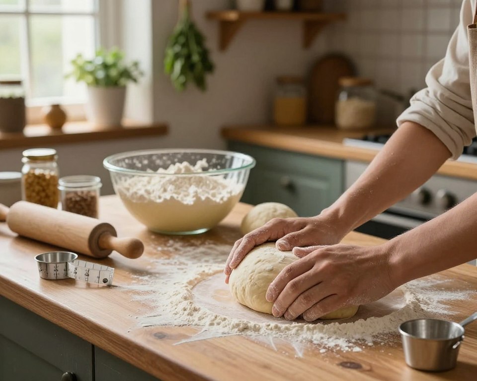 A rustic kitchen scene showcasing the process of preparing bread dough. In the foreground, a wooden countertop dusted with flour, where a pair of hands knead a smooth, pliable dough ball. Rolling pins and measuring cups are scattered around, emphasizing the homemade touch. In the middle, a large mixing bowl filled with flour, yeast, and water ready for mixing, with a partially rolled-out dough next to it. The background features a warm, inviting kitchen with hanging herbs, a wooden shelf displaying baking essentials, and jars of ingredients. Soft, natural light streams through a window, creating a cozy atmosphere. The angle captures the essence of home baking, inviting viewers to feel the warmth and comfort of preparing fresh bread.