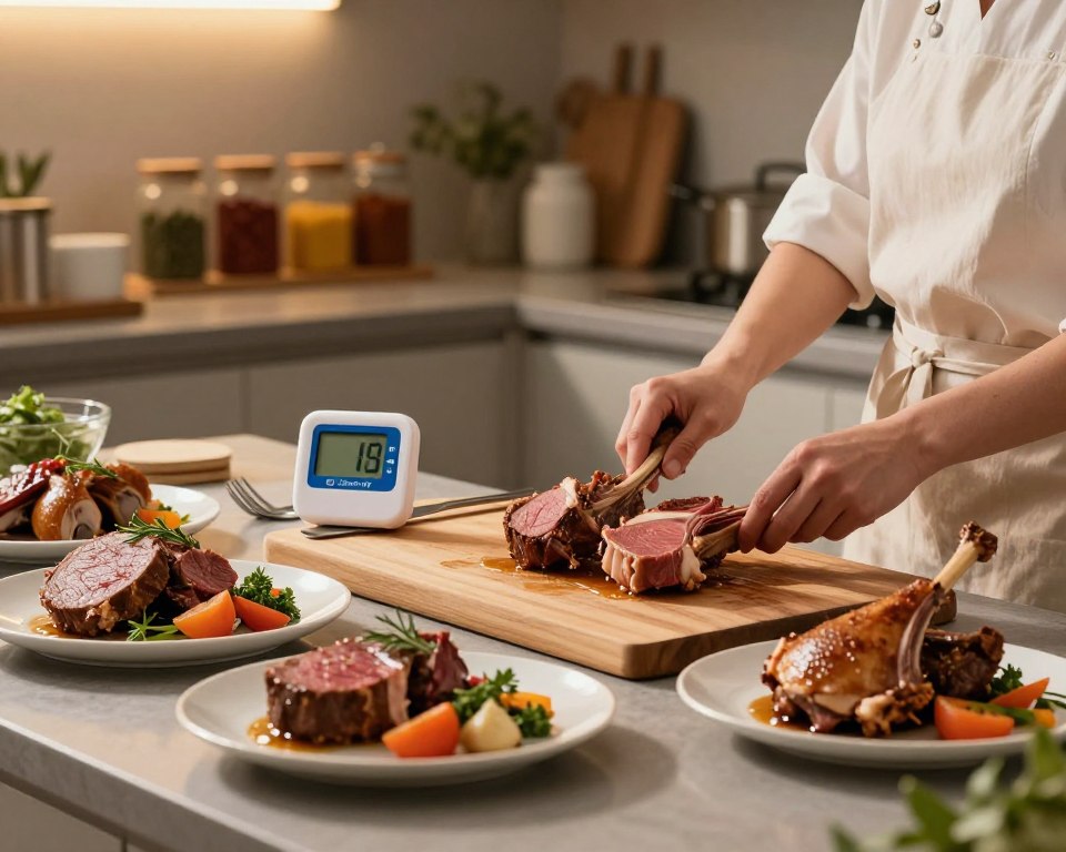 A serene kitchen setting with a focus on food safety. In the foreground, there are neatly arranged plates of expertly cooked venison, lamb, and duck, garnished with fresh herbs and vegetables, showcasing high-quality meat presentation. The middle of the scene includes a wooden chopping board with a digital food thermometer and clean utensils to emphasize food safety practices. Soft, warm lighting casts a cozy glow throughout the kitchen, adding a welcoming atmosphere. In the background, a shelf filled with jars of spices and herbs suggests a well-stocked kitchen prepared for safe cooking. The overall mood is one of professionalism and culinary expertise, highlighting the importance of food safety in meal preparation.