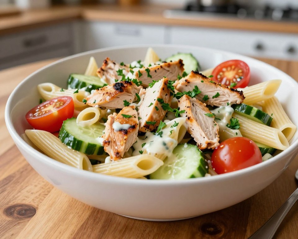 A vibrant and appetizing bowl of pasta salad with chicken, featuring al dente penne pasta, tender grilled chicken pieces, colorful cherry tomatoes, crisp cucumbers, and fresh parsley. The salad is lightly tossed in a creamy dressing that glistens under soft, bright natural lighting. In the foreground, a wooden table provides a warm, rustic feel, while a blurred kitchen background hints at a cozy dining atmosphere. The angle captures the bowl from a slightly elevated view, allowing the textures and colors to stand out vividly. The mood is fresh and inviting, perfectly embodying a healthy and delicious lunch option.