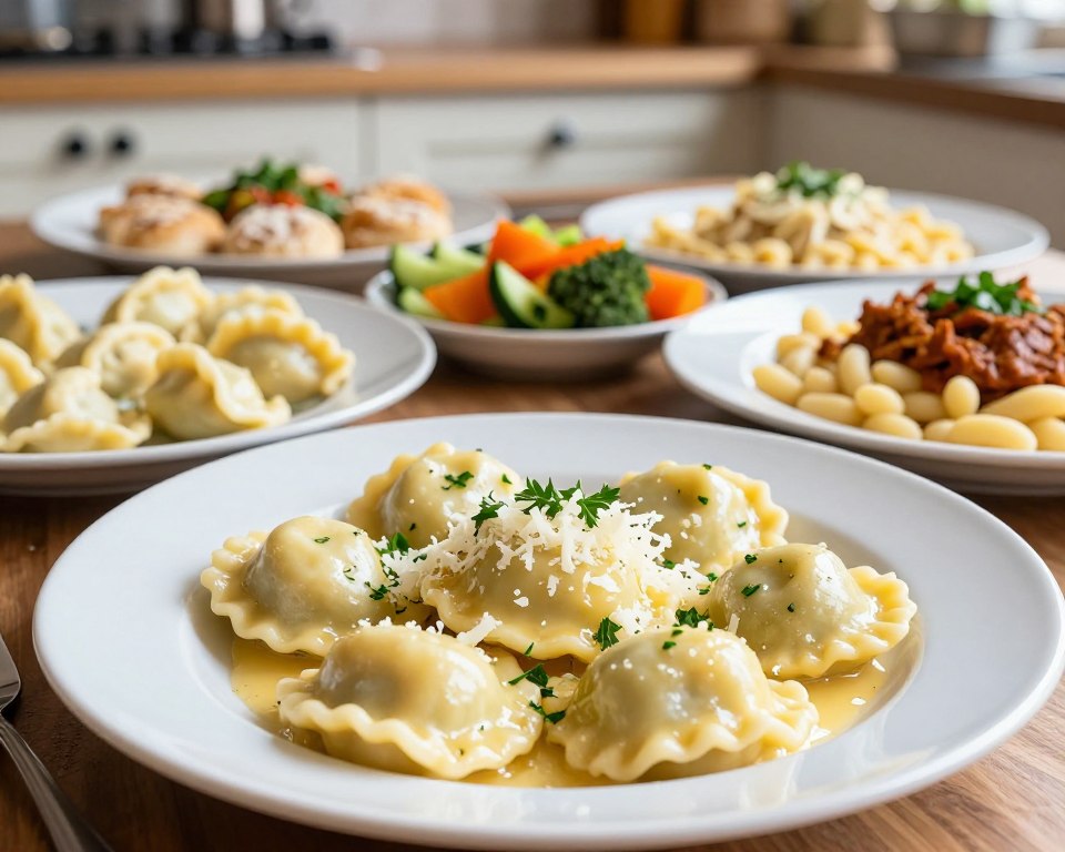 A vibrant and appetizing comparison of kopytka alongside traditional flour-based dishes. In the foreground, showcase a clearly plated serving of kopytka, glistening with a light butter sauce, garnished with fresh herbs and a sprinkle of grated cheese. Surround it with a variety of classic dishes such as gnocchi, pierogi, and spaetzle, each artistically arranged to highlight their unique textures and flavors. The middle ground can feature colorful vegetables and a sauce that complements the dishes. The background should be a rustic kitchen setting, softly lit with warm, natural lighting, evoking a cozy atmosphere. Use a shallow depth of field to keep the focus on the food, creating an inviting and appetizing presentation.