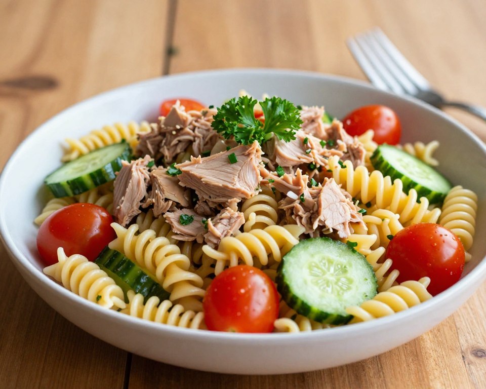 A vibrant and appetizing plate of tuna pasta salad, showcasing a colorful mix of spiral pasta, tender chunks of tuna, juicy cherry tomatoes, crisp cucumbers, and fresh parsley. The dish is elegantly arranged in a shallow bowl, with the ingredients artfully layered to highlight the textures and colors. Soft natural lighting illuminates the scene, casting gentle shadows that enhance the freshness of the ingredients. The background features a wooden table, slightly blurred to bring focus to the salad. A fork rests beside the bowl, inviting the viewer to enjoy this healthy, diet-friendly meal. The overall mood is fresh and inviting, perfectly capturing the essence of a nutritious salad.