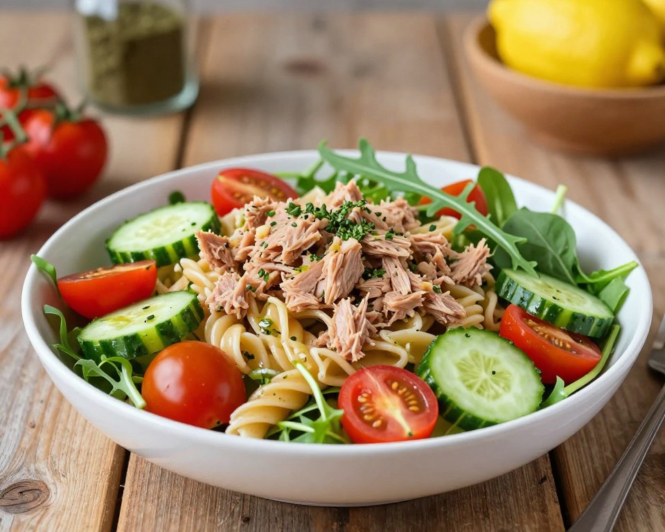 A vibrant and colorful diet salad featuring tuna and pasta, artistically arranged on a rustic wooden table. In the foreground, a generous bowl filled with freshly cooked whole wheat pasta, flaky tuna, vibrant cherry tomatoes, crisp cucumbers, and fresh greens like arugula and spinach, all drizzled with a light vinaigrette. The middle ground showcases a sprinkle of herbs, adding texture to the dish. The soft, natural lighting emphasizes the freshness of the ingredients, creating a healthy and inviting atmosphere. In the background, subtle hints of a cozy kitchen environment can be seen, like blurred spices and a bowl of lemons, adding warmth to the scene. The image evokes a sense of health and vitality, perfect for a fit and nutritious meal.