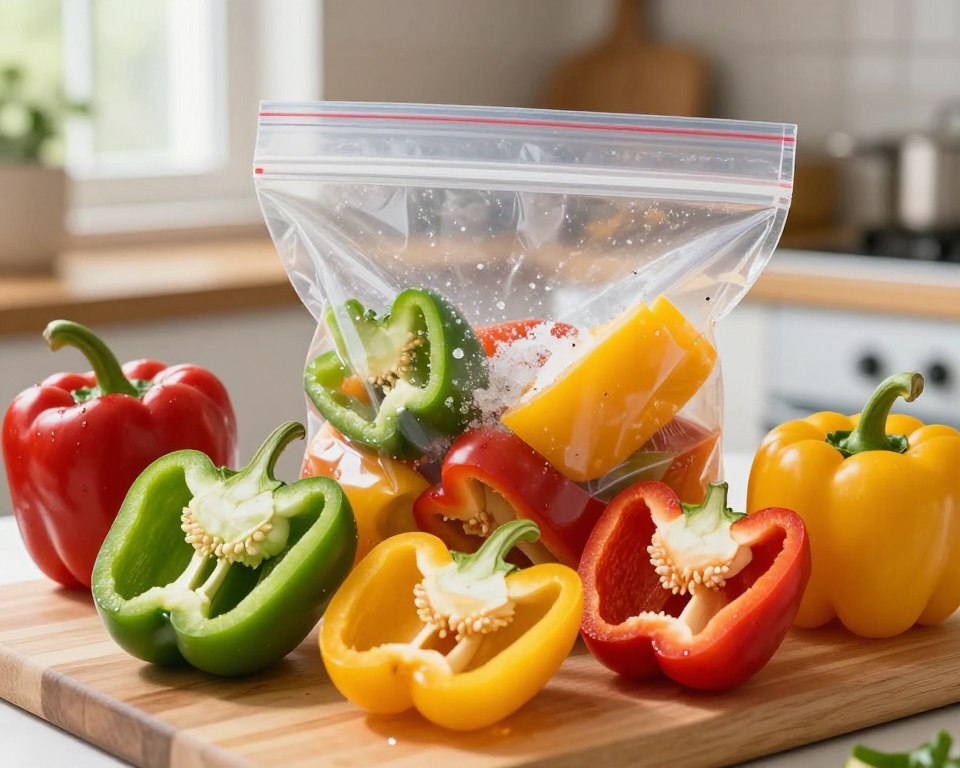 A vibrant and colorful scene showcasing the process of freezing bell peppers. In the foreground, freshly cut green, red, and yellow bell peppers are arranged artistically on a wooden cutting board, glistening with freshness. In the middle, a clear ziplock bag filled with the sliced peppers is partially zipped, indicating preparation for freezing. Ice crystals can be seen forming on the outer part of the bag, reflecting the cold atmosphere. The background features a cozy kitchen with soft, natural lighting coming through a window, casting warm shadows. The mood is cheerful and inviting, evoking a sense of home and sustainability. The focus is sharp on the peppers and the bag, with a slight depth of field effect blurring the background.