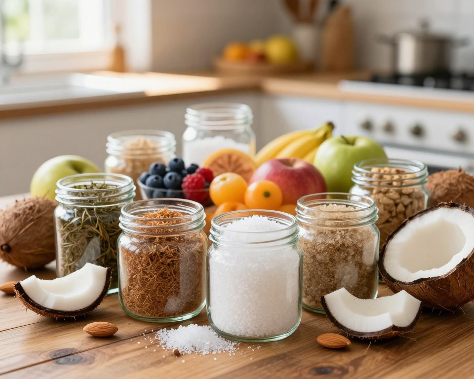 A vibrant and inviting display of various healthy sweeteners, including stevia, erythritol, and monk fruit, arranged artfully on a rustic wooden table. In the foreground, clear glass jars filled with these sweeteners are surrounded by fresh coconut slices and almonds, emphasizing their natural origins. In the middle ground, a balanced composition of colorful fruits like berries and tropical fruits adds contrast and vitality. The background features a softly blurred kitchen setting with sunlight streaming through a window, creating a warm and inviting atmosphere. The overall mood is fresh, wholesome, and bright, ideal for a low-carb lifestyle focus. Soft, natural lighting enhances the textures and colors, while a shallow depth of field emphasizes the foreground elements.