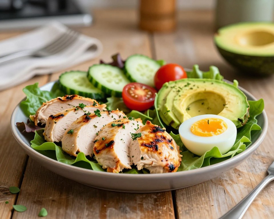 A vibrant arrangement of salad ingredients featuring grilled chicken slices, creamy avocado, and hard-boiled eggs, artfully placed on a rustic wooden table. In the foreground, the succulent chicken is garnished with fresh herbs, while the avocado is sliced open to reveal its bright green flesh. Surrounding them are mixed greens, cherry tomatoes, and cucumber slices, adding pops of color. The scene is illuminated by soft, natural lighting that casts gentle shadows, creating a warm and inviting atmosphere. In the background, a blurred kitchen setting hints at a healthy cooking theme. The overall composition conveys a sense of freshness, healthiness, and culinary delight, perfect for a keto and fit meal.