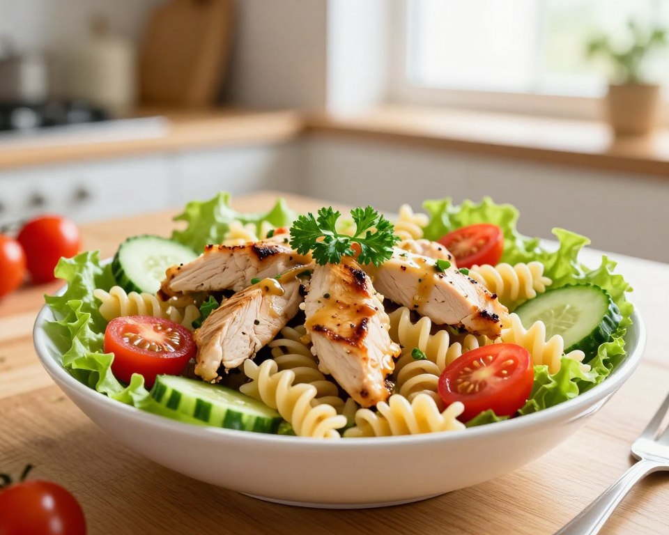 A vibrant bowl of chicken and pasta salad takes center stage, showcasing colorful ingredients. In the foreground, pieces of grilled chicken are elegantly arranged atop al dente pasta spirals, alongside fresh cherry tomatoes, crisp cucumber slices, and vibrant green lettuce. Sprigs of parsley and a drizzle of tangy dressing add a touch of freshness. In the middle ground, a wooden table hints at a cozy kitchen atmosphere, with subtle kitchenware and ingredients in soft focus. The background features a gentle, warm light streaming in through a window, setting a cheerful and inviting mood. The image should capture the essence of a nutritious, appetizing salad that embodies creativity and variety, perfect for lunch.