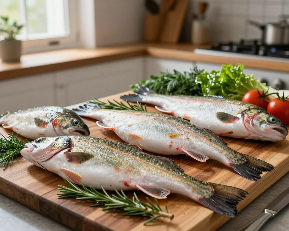 A vibrant display featuring various species of fish ideal for baking, including zander, cod, and trout, arranged elegantly on a wooden cutting board. In the foreground, focus on the fresh, glistening fish, showcasing their scales and unique colors, surrounded by herbs like rosemary and dill. The middle ground includes a rustic kitchen setting with gentle, warm lighting highlighting the fish, creating an inviting atmosphere. In the background, a blurred view of kitchen utensils and fresh vegetables adds a homey touch. The overall mood is cozy and culinary-focused, suitable for a cooking article, with natural light coming from a nearby window, enhancing the freshness of the fish.