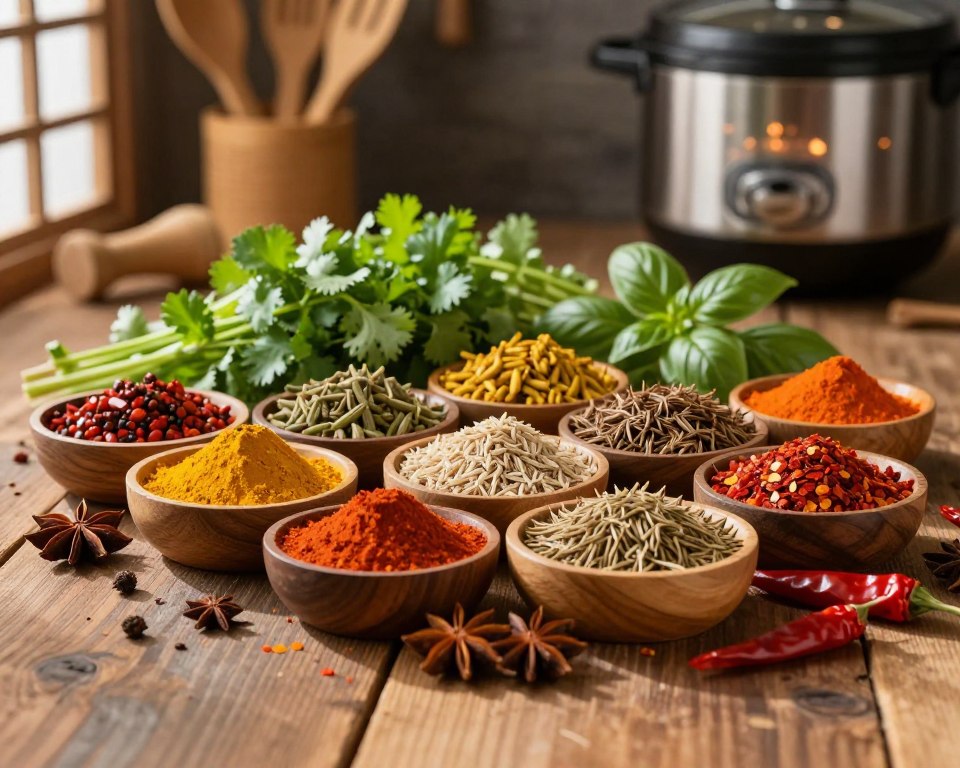 A vibrant display of Asian spices and seasonings beautifully arranged on a rustic wooden table. In the foreground, a variety of colorful spices such as turmeric, cumin, star anise, and chili flakes are artfully scattered, each in small wooden bowls. In the middle ground, fresh herbs like cilantro and basil are lush and green, complementing the spices. The background features a subtle hint of a traditional Asian kitchen with bamboo utensils and a softly lit rice cooker, evoking a warm, inviting atmosphere. Soft natural light filters in from the left, casting gentle shadows for depth. The image captures a sense of culinary exploration and the rich flavors of Asian cuisine, ideal for inspiring a cooking journey.