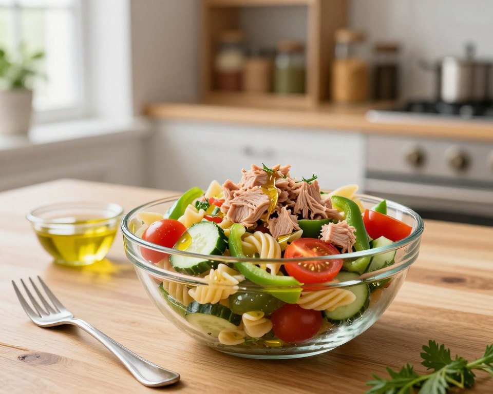 A vibrant, fresh tuna and pasta salad is placed beautifully in a clear glass bowl, showcasing colorful ingredients like cherry tomatoes, crisp cucumbers, and bright green bell peppers, all tossed together with al dente pasta. In the foreground, a pristine wooden table enhances the rustic feel, and a light drizzle of olive oil glistens atop the salad. In the middle ground, a set of elegant utensils and a small dish of vinaigrette complement the scene. The background features softly blurred kitchen shelves filled with spices and fresh herbs, creating a warm, inviting atmosphere. Natural lighting from a nearby window casts a gentle glow, highlighting the salad's textures and colors. The mood is refreshing and wholesome, perfect for featuring a healthy diet.