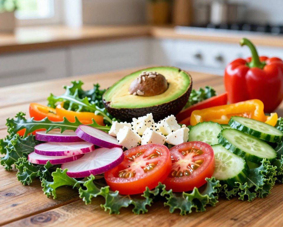 A vibrant, healthy salad spread on a rustic wooden table, showcasing a variety of alternative ingredients. In the foreground, there are bright slices of heirloom tomatoes, vibrant purple radishes, and creamy dollops of feta cheese. Surrounding these, chopped kale and arugula create a fresh base, while sliced cucumber and colorful bell peppers add a crunch. In the middle ground, a beautiful avocado is split open, revealing its rich green flesh, complemented by a sprinkle of sunflower seeds. The background features a soft-focus kitchen setting with natural light streaming in, creating a warm, inviting atmosphere. The overall mood is fresh and wholesome, emphasizing the joy of healthy eating and creativity in salad preparation.