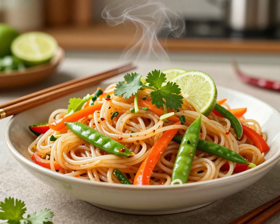 A vibrant, inviting dish of rice noodles served in a stylish bowl, garnished with fresh herbs like cilantro and sliced lime. In the foreground, the noodles are intertwined with colorful vegetables such as bell peppers, carrots, and snap peas, showcasing a mix of textures and hues. In the middle ground, a pair of elegant chopsticks rests beside the bowl, reinforcing the Asian culinary theme. The background features a softly blurred kitchen setting, with warm lighting that adds a cozy atmosphere, highlighting the dish's steam rising gently. The overall mood is fresh and tantalizing, perfect for capturing the essence of Asian cuisine, focusing on rice noodle dishes.