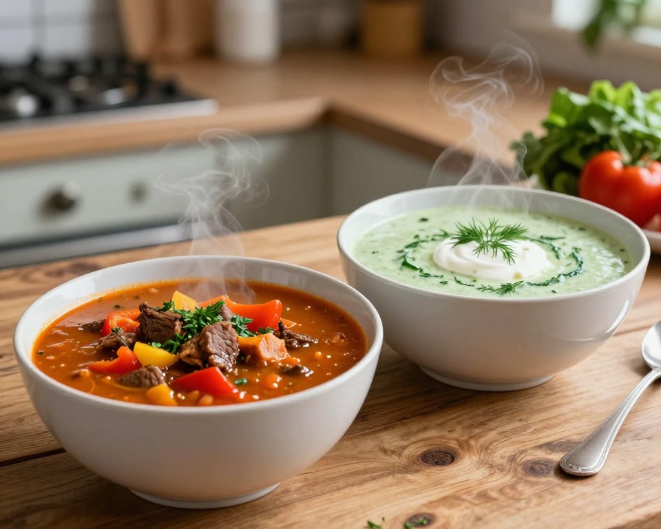 A vibrant kitchen scene featuring two hearty soups: Goulash soup and Cucumber soup placed side by side in elegant bowls on a rustic wooden table. The Goulash soup, rich and robust, is filled with chunks of tender beef, colorful bell peppers, and a sprinkle of fresh herbs, steam rising to suggest warmth. Beside it, the light and refreshing Cucumber soup is a pale green, garnished with dill and served with a dollop of sour cream. In the background, soft overhead lighting creates a cozy and inviting atmosphere, with kitchen utensils and fresh vegetables blurred to keep the focus on the soups. A warm color palette of oranges and greens enhances the inviting feel of the scene, capturing the essence of culinary diversity.