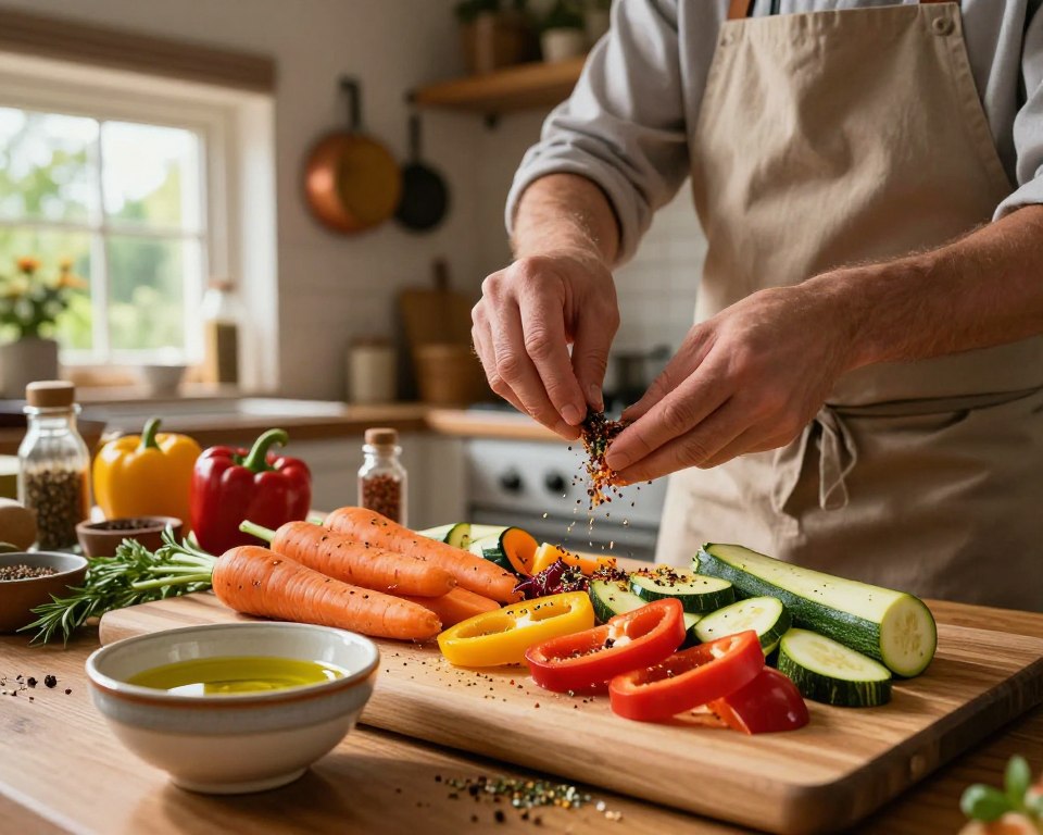 A vibrant kitchen scene showcasing a variety of colorful vegetables being seasoned for roasting. In the foreground, a wooden cutting board holds freshly chopped carrots, bell peppers, and zucchini, sprinkled with herbs and spices. A rustic ceramic bowl of olive oil glimmers softly in the light. The middle ground features a chef in modest casual clothing, focused on mixing the seasonings, with an arrangement of spices nearby. The background reveals a cozy kitchen with warm lighting, pots hanging overhead, and a window revealing a sunny garden outside. The atmosphere is inviting and energetic, with a hint of culinary passion, emphasizing the preparation process before baking the vegetables.