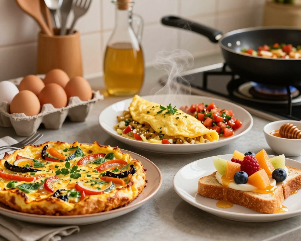 A vibrant kitchen setting showcasing a variety of egg dishes from different world cuisines. In the foreground, a beautifully plated Mediterranean frittata with colorful vegetables and herbs beside a plate of French-style toast topped with fresh fruits and a drizzle of honey. In the middle, a fluffy omelet garnished with herbs and served with a side of spicy salsa, displaying the delightful texture and steam. The background features a cozy kitchen atmosphere with warm lighting, adding a welcoming feel. Include elements like fresh eggs in a basket and cooking utensils, emphasizing a homely touch. Capture the essence of breakfast preparation, evoking a sense of global culinary delight and warmth. Use a soft focus with a slight vignette effect to enhance the inviting mood.