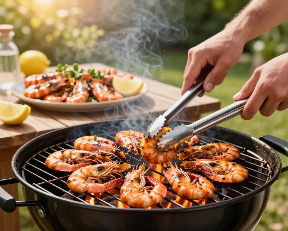 A vibrant outdoor scene featuring a barbecue grill set up with freshly marinated shrimp sizzling over the flames. In the foreground, a pair of hands expertly flipping the shrimp with tongs, showcasing the juicy, golden-pink color and glistening marinade. The middle ground includes a beautifully arranged platter of grilled shrimp, garnished with fresh herbs and lemon wedges, enticingly placed on a rustic wooden table. In the background, soft-focus greenery of a garden is visible, bathed in warm, natural sunlight, creating a cheerful and inviting atmosphere. The overall mood is lively and inviting, perfect for a summer gathering, with the sun casting a soft glow that enhances the visual appeal of the grilled feast.
