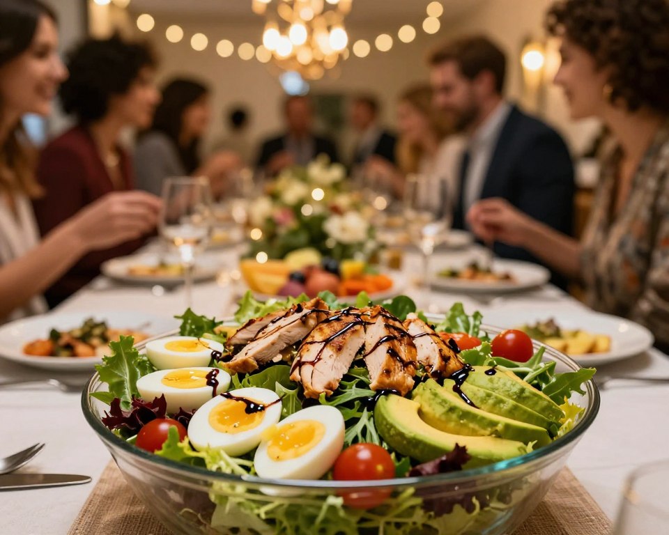 A vibrant party scene featuring a stylish salad made with grilled chicken, hard-boiled eggs, and ripe avocado, artfully arranged in a large glass bowl. In the foreground, focus on the colorful, fresh ingredients, including leafy greens, cherry tomatoes, and a drizzle of balsamic glaze. The middle ground showcases a beautifully set table adorned with elegant tableware, festive decorations, and a soft fabric tablecloth. In the background, a warm, inviting atmosphere with soft fairy lights and blurred party guests mingling, dressed in smart casual attire, creating a lively but sophisticated vibe. The lighting is warm and golden, enhancing the freshness of the ingredients and giving a feel of celebration and health. Use a wide-angle lens to capture the full essence of this joyful gathering.