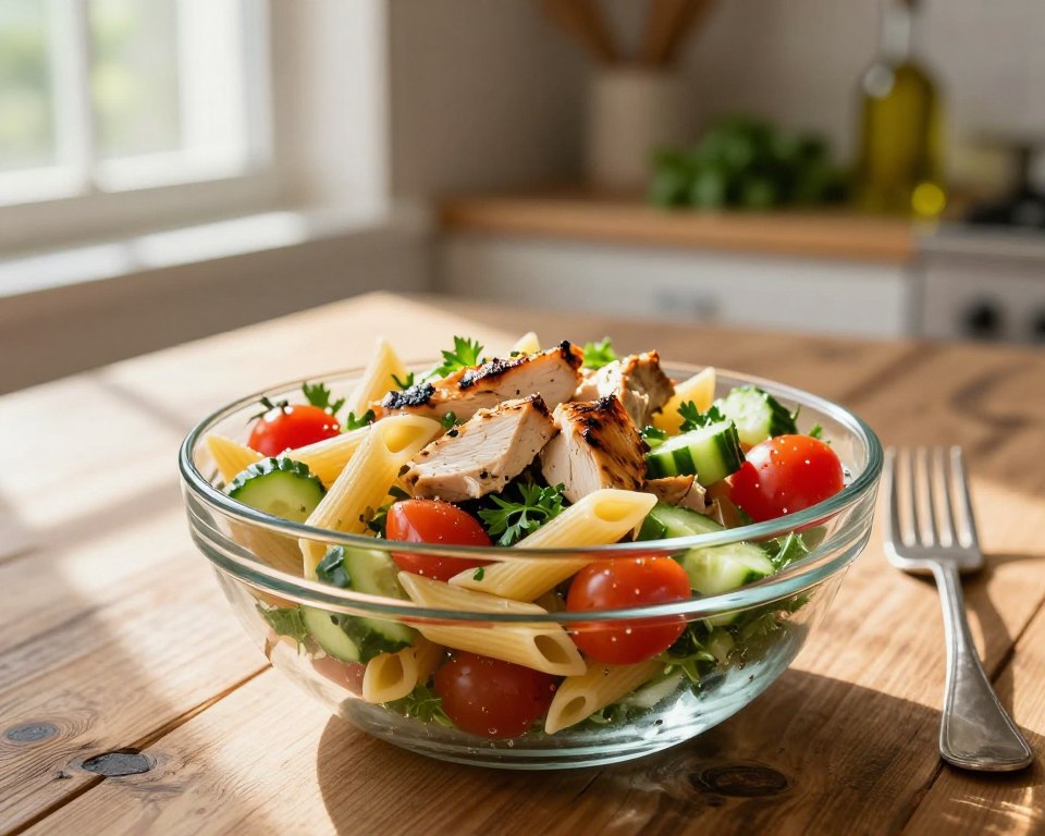 A vibrant salad featuring colorful penne pasta intermixed with tender pieces of grilled chicken, set against a rustic wooden table. The foreground showcases the salad in a clear glass bowl, overflowing with fresh ingredients like cherry tomatoes, crisp cucumbers, and parsley. In the middle ground, a fork is elegantly placed beside the bowl, invitingly angled. The background is softly blurred, hinting at a sunlit kitchen with herbs and olive oil on a shelf, creating a warm and inviting atmosphere. Natural sunlight filters through a nearby window, casting gentle shadows and enhancing the fresh colors of the salad. The overall mood is wholesome and appetizing, perfect for a healthy lunch.